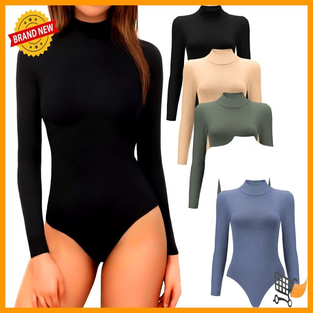 Mock Turtleneck Bodysuit Stretchy Long Sleeve Basic Chic Casual Elegant Minimal